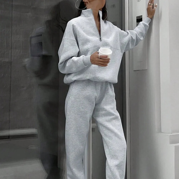 Grey Casual Women's Half Zipper Hoodie And Jogger Pants Two Piece Set - Picture 4 of 7